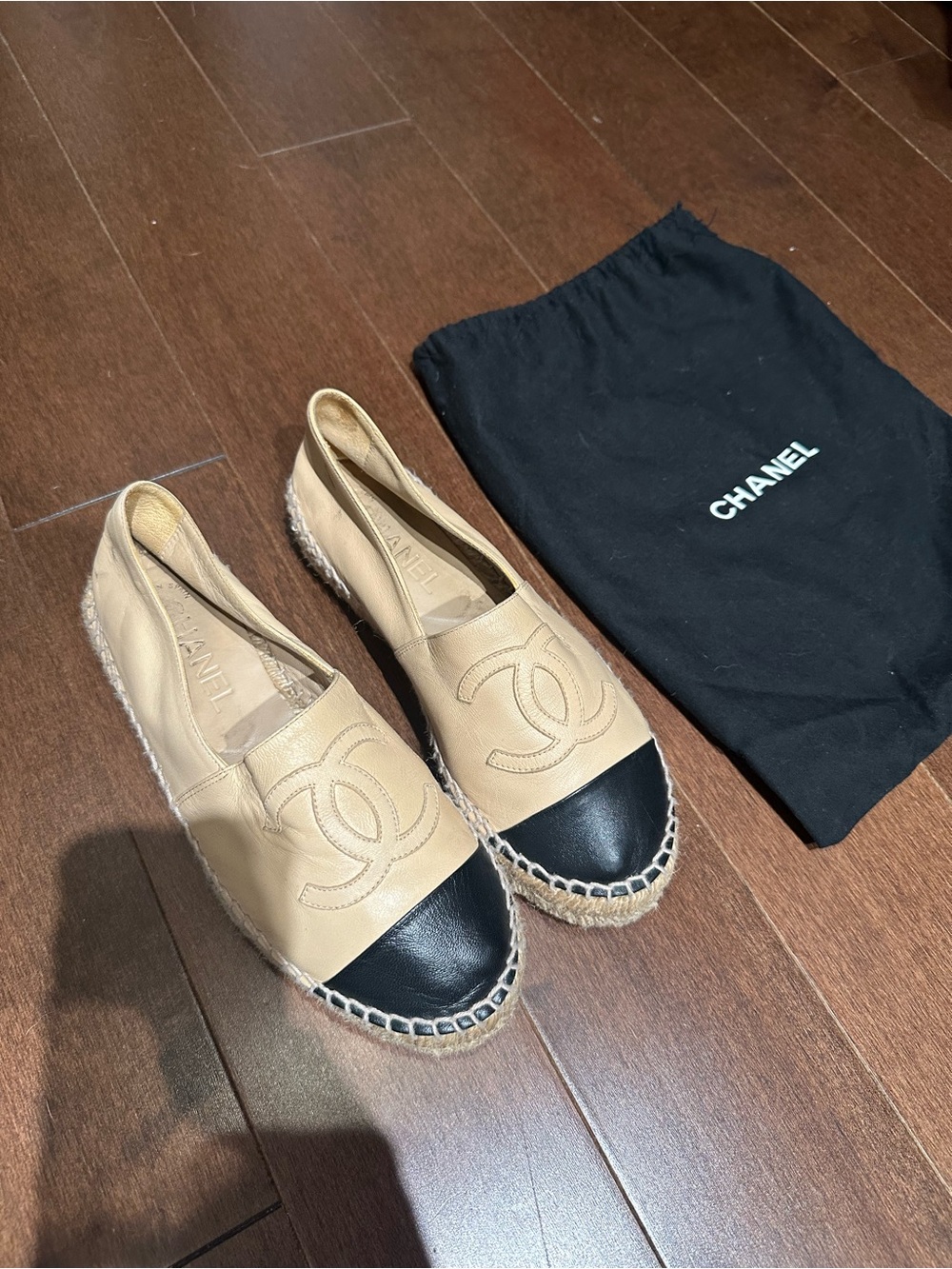 CHANEL Beige Leather Espadrilles with Black Cap Toe Size 36